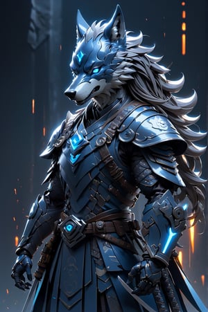 (((anthracite consept))), ((blue wolf head, pointed beak)), (masterpiece, best quality:1.5), EpicLogo, glowing armor, robot, blue metal irradiated samurai suit, look on viewer, wolf style, central view, hyper real, hues, Movie Still, samurai, full body, cinematic scene, intricate mech details , ground level shot, 8K resolution, Cinema 4D, Behance HD, polished metal, shiny, data, hair in dreadlock braids, katana on chest plate, glowing sword, skyfall background, muscular and broad shouldered, anthracite