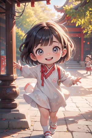 best quality, masterpiece, beautiful and aesthetic, vibrant color, Exquisite details and textures,  Warm tone, ultra realistic illustration,	(cute asian baby girl, 4year old:1.5),	(school theme:1.4),	cute eyes, big eyes,	(a smile on one's face:1.8),	16K, (HDR:1.4), high contrast, bokeh:1.2, lens flare,	siena natural ratio, children's body, anime style, 	head to thigh portrait,	Dark blonde long bob cut with blunt bangs,	pastel dress with abundant cascade of ruffles,	ultra hd, realistic, vivid colors, highly detailed, UHD drawing, perfect composition, beautiful detailed intricate insanely detailed octane render trending on artstation, 8k artistic photography, photorealistic concept art, soft natural volumetric cinematic perfect light. 