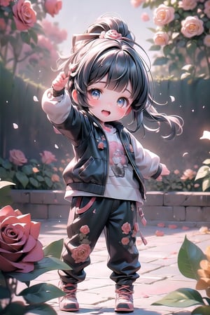 best quality, masterpiece, beautiful and aesthetic, vibrant color, Exquisite details and textures,  Warm tone, ultra realistic illustration,	(cute European girl, 5year old:1.5),	(rose garden theme:1.4), fluttering petals,	cute eyes, big eyes,	(a curious look:1.2),	16K, (HDR:1.4), high contrast, bokeh:1.2, lens flare,	siena natural ratio, children's body, anime style, 	(random view:1.4), (random poses:1.4), 	very long black ponytail hairstyle with blunt bangs, 	latex pants, cute t-shirt, and black jacket,	ultra hd, realistic, vivid colors, highly detailed, UHD drawing, perfect composition, beautiful detailed intricate insanely detailed octane render trending on artstation, 8k artistic photography, photorealistic concept art, soft natural volumetric cinematic perfect light. 