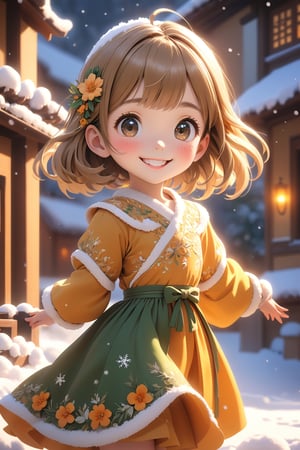 best quality, masterpiece, beautiful and aesthetic, vibrant color, Exquisite details and textures,  Warm tone, ultra realistic illustration,	(cute asian girl, 7year old:1.5),	(snow theme:1.4),	cute eyes, big eyes,	(a beautiful smile:1.5),	cinematic lighting, ambient lighting, sidelighting, cinematic shot,	siena natural ratio, children's body, anime style, 	half body view,	Dark blonde long bob cut with blunt bangs,	gossamer floral mango-colored dress,	ultra hd, realistic, vivid colors, highly detailed, UHD drawing, perfect composition, beautiful detailed intricate insanely detailed octane render trending on artstation, 8k artistic photography, photorealistic concept art, soft natural volumetric cinematic perfect light. 
