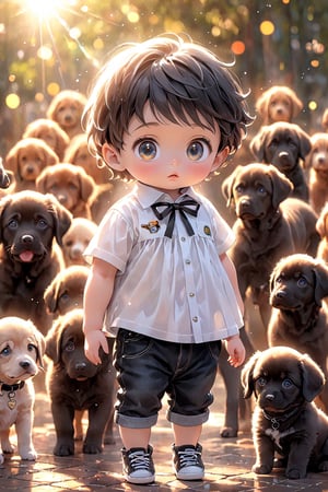 best quality, masterpiece, beautiful and aesthetic, vibrant color, Exquisite details and textures,  Warm tone, ultra realistic illustration,	(cute European baby Boy, 4year old:1.5),	(school theme:1.3), With my dog,	cute eyes, big eyes,	(a tearful look:1.2),	16K, (HDR:1.4), high contrast, bokeh:1.2, lens flare,	siena natural ratio, children's body, anime style, 	head to toe,	Short Wave black hair,	a white dress shirt, black neck ribbon, black jeans, 	ultra hd, realistic, vivid colors, highly detailed, UHD drawing, perfect composition, beautiful detailed intricate insanely detailed octane render trending on artstation, 8k artistic photography, photorealistic concept art, soft natural volumetric cinematic perfect light. 