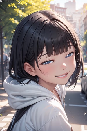 best quality, masterpiece, beautiful and aesthetic, vibrant color, Exquisite details and textures,  Warm tone, ultra realistic illustration,	(cute asian girl, 10year old:1.5),	(school theme:1.4),	cute eyes, big eyes,	(a beautiful smile:1.5),	16K, (HDR:1.4), high contrast, bokeh:1.2, lens flare,	siena natural ratio, children's body, anime style, 	head to thigh portrait,	long Straight black hair with blunt bangs,	hoodie, a black jeans, 	ultra hd, realistic, vivid colors, highly detailed, UHD drawing, perfect composition, beautiful detailed intricate insanely detailed octane render trending on artstation, 8k artistic photography, photorealistic concept art, soft natural volumetric cinematic perfect light.