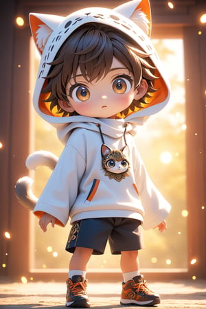 best quality, masterpiece, beautiful and aesthetic, vibrant color, Exquisite details and textures,  Warm tone, ultra realistic illustration,	(cute Latino Boy, 7year old:1.5),	(ancient korea theme:1.4),	cute eyes, big eyes,	(a sullen look:1.2),	16K, (HDR:1.4), high contrast, bokeh:1.2, lens flare,	siena natural ratio, children's body, anime style, 	(random view:1.4), (random poses:1.4), 	long Wave hair, wearing a cat hood, shorts, white turtleneck,	ultra hd, realistic, vivid colors, highly detailed, UHD drawing, perfect composition, beautiful detailed intricate insanely detailed octane render trending on artstation, 8k artistic photography, photorealistic concept art, soft natural volumetric cinematic perfect light. 