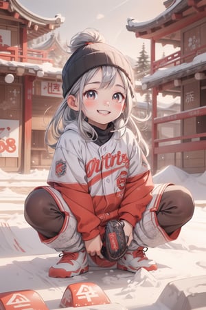 best quality, masterpiece, beautiful and aesthetic, vibrant color, Exquisite details and textures,  Warm tone, ultra realistic illustration,	(cute asian Boy, 5year old:1.5),	(Baseball theme:1.2), in baseball gloves,	cute eyes, big eyes,	(a beautiful smile:1.5),	16K, (HDR:1.4), high contrast, bokeh:1.2, lens flare,	siena natural ratio, children's body, anime style, 	head to toe,	wave gray hair,	a beanie, snowboarding wear, ski slope, Snowboarding, 	ultra hd, realistic, vivid colors, highly detailed, UHD drawing, perfect composition, beautiful detailed intricate insanely detailed octane render trending on artstation, 8k artistic photography, photorealistic concept art, soft natural volumetric cinematic perfect light. 