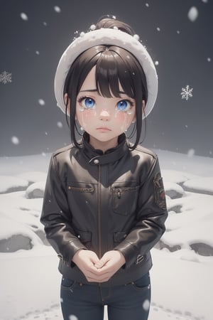 best quality, masterpiece, beautiful and aesthetic, vibrant color, Exquisite details and textures,  Warm tone, ultra realistic illustration,	(cute asian girl, 5year old:1.5),	(snow theme:1.4),	cute eyes, big eyes,	(a tearful look:1.2),	cinematic lighting, ambient lighting, sidelighting, cinematic shot,	siena natural ratio, children's body, anime style, 	head to toe,	very long black ponytail hairstyle with blunt bangs, 	wearing a leather jacket, jeans, and a cowboy hat,	ultra hd, realistic, vivid colors, highly detailed, UHD drawing, perfect composition, beautiful detailed intricate insanely detailed octane render trending on artstation, 8k artistic photography, photorealistic concept art, soft natural volumetric cinematic perfect light. 