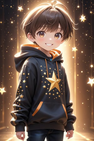 best quality, masterpiece, beautiful and aesthetic, vibrant color, Exquisite details and textures,  Warm tone, ultra realistic illustration,	(cute European Boy, 9year old:1.5),	(Starlight theme:1.4),	cute eyes, big eyes,	(a beautiful smile:1.5),	cinematic lighting, ambient lighting, sidelighting, cinematic shot,	siena natural ratio, children's body, anime style, 	(random view:1.4), (random poses:1.4), 	dark brown ponytail hairstyle with blunt bangs, 	hoodie, a black jeans, 	ultra hd, realistic, vivid colors, highly detailed, UHD drawing, perfect composition, beautiful detailed intricate insanely detailed octane render trending on artstation, 8k artistic photography, photorealistic concept art, soft natural volumetric cinematic perfect light. 