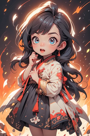 best quality, masterpiece, beautiful and aesthetic, vibrant color, Exquisite details and textures,  Warm tone, ultra realistic illustration,	(cute asian girl, 7year old:1.5),	(The milky way theme:1.4),	cute eyes, big eyes,	(an angry look:1.1),	16K, (HDR:1.4), high contrast, bokeh:1.2, lens flare,	siena natural ratio, children's body, anime style, 	head to toe,	very long Straight black hair with blunt bangs,	a cute silk dress,	ultra hd, realistic, vivid colors, highly detailed, UHD drawing, perfect composition, beautiful detailed intricate insanely detailed octane render trending on artstation, 8k artistic photography, photorealistic concept art, soft natural volumetric cinematic perfect light.