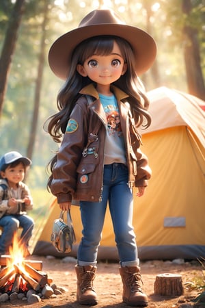 best quality, masterpiece, beautiful and aesthetic, vibrant color, Exquisite details and textures,  Warm tone, ultra realistic illustration,	(Pretty Latino girl, 6year old:1.5),	(Camping theme:1.4), Camping with a family,	cute eyes, big eyes,	(a gentle smile:1.4),	16K, (HDR:1.4), high contrast, bokeh:1.2, lens flare,	siena natural ratio, children's body, anime style, 	Full length view,	very long Straight dark brown hair with blunt bangs,	wearing a leather jacket, jeans, and a cowboy hat,	ultra hd, realistic, vivid colors, highly detailed, UHD drawing, perfect composition, beautiful detailed intricate insanely detailed octane render trending on artstation, 8k artistic photography, photorealistic concept art, soft natural volumetric cinematic perfect light. 