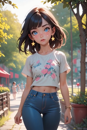 best quality, masterpiece, beautiful and aesthetic, vibrant color, Exquisite details and textures,  Warm tone, ultra realistic illustration,	(cute European girl, 6year old:1.5),	(Starlight theme:1.4),	cute eyes, big eyes,	(a tearful look:1.2),	16K, (HDR:1.4), high contrast, bokeh:1.2, lens flare,	siena natural ratio, children's body, anime style, 	Full length view,	long Straight dark brown hair with blunt bangs,	a cute t-shirt, tight low-rise jeans,	ultra hd, realistic, vivid colors, highly detailed, UHD drawing, perfect composition, beautiful detailed intricate insanely detailed octane render trending on artstation, 8k artistic photography, photorealistic concept art, soft natural volumetric cinematic perfect light. 