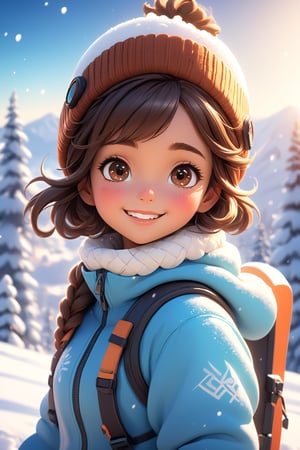 best quality, masterpiece, beautiful and aesthetic, vibrant color, Exquisite details and textures,  Warm tone, ultra realistic illustration,	(cute Latino girl, 9year old:1.5),	(snow theme:1.4), 	cute eyes, big eyes,	(a smile on one's face:1.2),	16K, (HDR:1.4), high contrast, bokeh:1.2, lens flare,	siena natural ratio, children's body, anime style, 	half body view,	dark brown bun hair,	a beanie, snowboarding wear, ski slope, Snowboarding, 	ultra hd, realistic, vivid colors, highly detailed, UHD drawing, perfect composition, beautiful detailed intricate insanely detailed octane render trending on artstation, 8k artistic photography, photorealistic concept art, soft natural volumetric cinematic perfect light. 