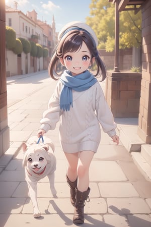 best quality, masterpiece, beautiful and aesthetic, vibrant color, Exquisite details and textures,  Warm tone, ultra realistic illustration,	(cute Latino girl, 9year old:1.5),	(walking theme:1.4), walking with a dog,	cute eyes, big eyes,	(a beautiful smile:1.8),	16K, (HDR:1.4), high contrast, bokeh:1.2, lens flare,	siena natural ratio, children's body, anime style, 	head to thigh portrait,	dark brown ponytail hairstyle with blunt bangs, 	a white knitted dress a scarf and a beret, winter boots, 	ultra hd, realistic, vivid colors, highly detailed, UHD drawing, perfect composition, beautiful detailed intricate insanely detailed octane render trending on artstation, 8k artistic photography, photorealistic concept art, soft natural volumetric cinematic perfect light. 