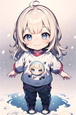 best quality, masterpiece, beautiful and aesthetic, vibrant color, Exquisite details and textures,  Warm tone, ultra realistic illustration,	(cute asian baby girl, 5year old:1.5),	(snow theme:1.4),	cute eyes, big eyes,	(a smile on one's face:1.8),	cinematic lighting, ambient lighting, sidelighting, cinematic shot,	siena natural ratio, children's body, anime style, 	head to toe,	long Straight blonde hair with blunt bangs,	wearing a white T-shirt, black NIKE sweatpants,	ultra hd, realistic, vivid colors, highly detailed, UHD drawing, perfect composition, beautiful detailed intricate insanely detailed octane render trending on artstation, 8k artistic photography, photorealistic concept art, soft natural volumetric cinematic perfect light.