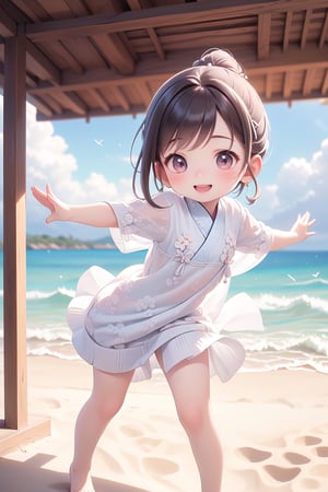 best quality, masterpiece, beautiful and aesthetic, vibrant color, Exquisite details and textures,  Warm tone, ultra realistic illustration,	(Pretty asian girl, 6year old:1.5),	(Beach theme:1.4), with a dalmatian,	cute eyes, big eyes,	(a smile on one's face:1.5),	cinematic lighting, ambient lighting, sidelighting, cinematic shot,	siena natural ratio, children's body, anime style, 	(random view:1.4), (random poses:1.4), 	Short Wave dark brown hair,	gossamer floral mango-colored dress,	ultra hd, realistic, vivid colors, highly detailed, UHD drawing, perfect composition, beautiful detailed intricate insanely detailed octane render trending on artstation, 8k artistic photography, photorealistic concept art, soft natural volumetric cinematic perfect light. 