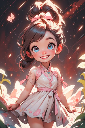 best quality, masterpiece, beautiful and aesthetic, vibrant color, Exquisite details and textures,  Warm tone, ultra realistic illustration,	(cute European girl, 12year old:1.5),	(The milky way theme:1.4),	cute eyes, big eyes,	(a smile on one's face:1.8),	cinematic lighting, ambient lighting, sidelighting, cinematic shot,	siena natural ratio, children's body, anime style, 	head to thigh portrait,	pink ponytail hairstyle,	pastel dress with abundant cascade of ruffles,	ultra hd, realistic, vivid colors, highly detailed, UHD drawing, perfect composition, beautiful detailed intricate insanely detailed octane render trending on artstation, 8k artistic photography, photorealistic concept art, soft natural volumetric cinematic perfect light.