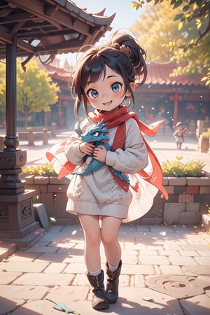 best quality, masterpiece, beautiful and aesthetic, vibrant color, Exquisite details and textures,  Warm tone, ultra realistic illustration,	(cute Latino girl, 9year old:1.5),	(Dancing battle theme:1.2),	(holding a dragon doll:1.4), (a fancy dragon decoration:1.6),	cute eyes, big eyes,	(a gentle smile:1.5),	16K, (HDR:1.4), high contrast, bokeh:1.2, lens flare,	siena natural ratio, children's body, anime style, 	head to toe,	Light Brown ponytail hairstyle,	a white knitted dress a scarf and a beret, winter boots, 	ultra hd, realistic, vivid colors, highly detailed, UHD drawing, perfect composition, beautiful detailed intricate insanely detailed octane render trending on artstation, 8k artistic photography, photorealistic concept art, soft natural volumetric cinematic perfect light. 