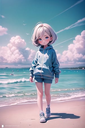 best quality, masterpiece, beautiful and aesthetic, vibrant color, Exquisite details and textures,  Warm tone, ultra realistic illustration,	(cute European Boy, 9year old:1.5),	(Beach theme:1.4),	cute eyes, big eyes,	(a model look:1.6),	cinematic lighting, ambient lighting, sidelighting, cinematic shot,	siena natural ratio, children's body, anime style, 	head to toe,	Dark blonde Short bob cut,	a white and blue tracksuit,	ultra hd, realistic, vivid colors, highly detailed, UHD drawing, perfect composition, beautiful detailed intricate insanely detailed octane render trending on artstation, 8k artistic photography, photorealistic concept art, soft natural volumetric cinematic perfect light. 