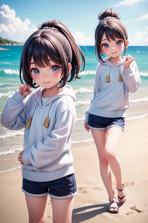 best quality, masterpiece, beautiful and aesthetic, vibrant color, Exquisite details and textures,  Warm tone, ultra realistic illustration,	(cute Latino Boy and European girl, 6year old:1.3), 1 girl and 1 boy,	(Beach theme:1.4), With my friends,	cute eyes, big eyes,	(a gentle smile:1.5),	cinematic lighting, ambient lighting, sidelighting, cinematic shot,	siena natural ratio, children's body, anime style, 	(random view:1.4), (random poses:1.4), 	dark brown ponytail hairstyle with blunt bangs, 	wearing a hoodie, shorts, white turtleneck,	ultra hd, realistic, vivid colors, highly detailed, UHD drawing, perfect composition, beautiful detailed intricate insanely detailed octane render trending on artstation, 8k artistic photography, photorealistic concept art, soft natural volumetric cinematic perfect light. 