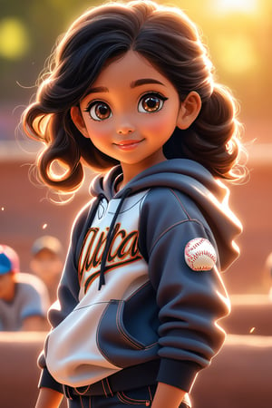best quality, masterpiece, beautiful and aesthetic, vibrant color, Exquisite details and textures,  Warm tone, ultra realistic illustration,	(cute Latino girl, 5year old:1.5),	(Baseball theme:1.2), in baseball gloves,	cute eyes, big eyes,	(a gentle smile:1.5),	16K, (HDR:1.4), high contrast, bokeh:1.2, lens flare,	siena natural ratio, children's body, anime style, 	Full length view,	long Wave black hair,	hoodie, a black jeans, 	ultra hd, realistic, vivid colors, highly detailed, UHD drawing, perfect composition, beautiful detailed intricate insanely detailed octane render trending on artstation, 8k artistic photography, photorealistic concept art, soft natural volumetric cinematic perfect light. 