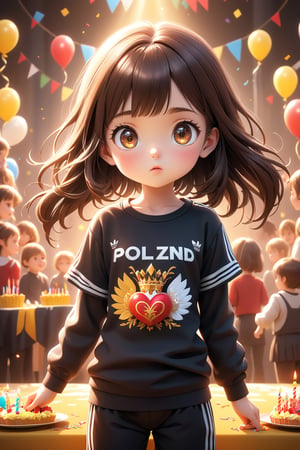 best quality, masterpiece, beautiful and aesthetic, vibrant color, Exquisite details and textures,  Warm tone, ultra realistic illustration,	(cute Poland girl, 5year old:1.5),	(birthday party theme:1.4),	cute eyes, big eyes,	(an angry look:1.1),	cinematic lighting, ambient lighting, sidelighting, cinematic shot,	siena natural ratio, children's body, anime style, 	low angle view,	very long Straight dark brown hair with blunt bangs,	wearing a black T-shirt, black Adidas sweatpants,	ultra hd, realistic, vivid colors, highly detailed, UHD drawing, perfect composition, beautiful detailed intricate insanely detailed octane render trending on artstation, 8k artistic photography, photorealistic concept art, soft natural volumetric cinematic perfect light. 