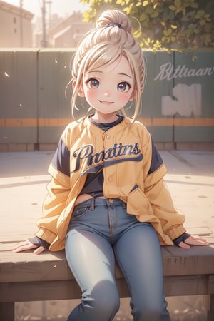 best quality, masterpiece, beautiful and aesthetic, vibrant color, Exquisite details and textures,  Warm tone, ultra realistic illustration,	(Pretty Latino girl, 6year old:1.5),	(Baseball theme:1.2), in baseball gloves,	cute eyes, big eyes,	(a beautiful smile:1.1),	16K, (HDR:1.4), high contrast, bokeh:1.2, lens flare,	siena natural ratio, children's body, anime style, 	head to thigh portrait,	blonde bun hair,	plastic jacket, jeans, 	ultra hd, realistic, vivid colors, highly detailed, UHD drawing, perfect composition, beautiful detailed intricate insanely detailed octane render trending on artstation, 8k artistic photography, photorealistic concept art, soft natural volumetric cinematic perfect light. 