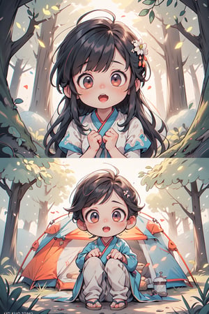 best quality, masterpiece, beautiful and aesthetic, vibrant color, Exquisite details and textures,  Warm tone, ultra realistic illustration,	(cute asian Boy, 12year old:1.5),	(Camping theme:1.4), camping with my friends,	cute eyes, big eyes,	(a surprised look:1.5),	16K, (HDR:1.4), high contrast, bokeh:1.2, lens flare,	siena natural ratio, children's body, anime style, 	random angles, random poses, 	long Straight black hair with blunt bangs,	white wedding dress,	ultra hd, realistic, vivid colors, highly detailed, UHD drawing, perfect composition, beautiful detailed intricate insanely detailed octane render trending on artstation, 8k artistic photography, photorealistic concept art, soft natural volumetric cinematic perfect light.