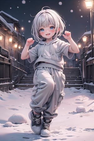 best quality, masterpiece, beautiful and aesthetic, vibrant color, Exquisite details and textures,  Warm tone, ultra realistic illustration,	(cute European Boy, 7year old:1.5),	(snow theme:1.4),	cute eyes, big eyes,	(a big smile:1.2),	16K, (HDR:1.4), high contrast, bokeh:1.2, lens flare,	siena natural ratio, children's body, anime style, 	(random view:1.4), (random poses:1.4), 	Dark blonde long bob cut with blunt bangs,	wearing a white T-shirt, white Adidas sweatpants,	ultra hd, realistic, vivid colors, highly detailed, UHD drawing, perfect composition, beautiful detailed intricate insanely detailed octane render trending on artstation, 8k artistic photography, photorealistic concept art, soft natural volumetric cinematic perfect light. 