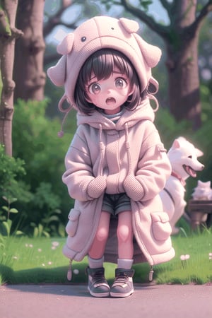 1girl, walk in the park, a white wool coat, shorts, cute dog
, (a surprised look:1.3)