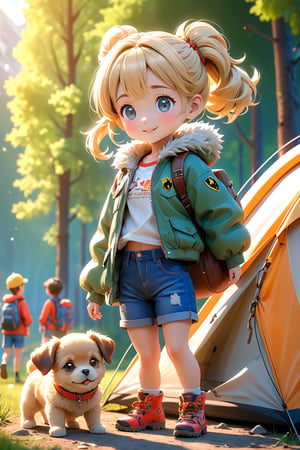 best quality, masterpiece, beautiful and aesthetic, vibrant color, Exquisite details and textures,  Warm tone, ultra realistic illustration,	(cute Belgium girl, 5year old:1.5),	(Camping theme:1.4), camping with my dog,	cute eyes, big eyes,	(a beautiful smile:1.1),	16K, (HDR:1.4), high contrast, bokeh:1.2, lens flare,	siena natural ratio, children's body, anime style, 	Full length side view, lean against the wall, 	blonde bun hair, 	fur trimmed jacket, crop top, denim shorts, 	ultra hd, realistic, vivid colors, highly detailed, UHD drawing, perfect composition, beautiful detailed intricate insanely detailed octane render trending on artstation, 8k artistic photography, photorealistic concept art, soft natural volumetric cinematic perfect light. 