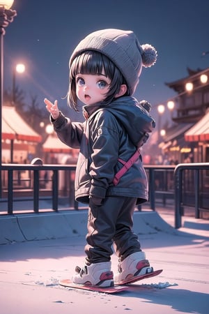 best quality, masterpiece, beautiful and aesthetic, vibrant color, Exquisite details and textures,  Warm tone, ultra realistic illustration,	(cute asian baby Boy, 4year old:1.5),	(amusement park theme:1.3), holding a balloon,	cute eyes, big eyes,	(a curious look:1.4),	16K, (HDR:1.4), high contrast, bokeh:1.2, lens flare,	siena natural ratio, children's body, anime style, 	(random view:1.4), (random poses:1.4), 	Straight black hair with blunt bangs,	a beanie, snowboarding wear, ski slope, Snowboarding, 	ultra hd, realistic, vivid colors, highly detailed, UHD drawing, perfect composition, beautiful detailed intricate insanely detailed octane render trending on artstation, 8k artistic photography, photorealistic concept art, soft natural volumetric cinematic perfect light. 
