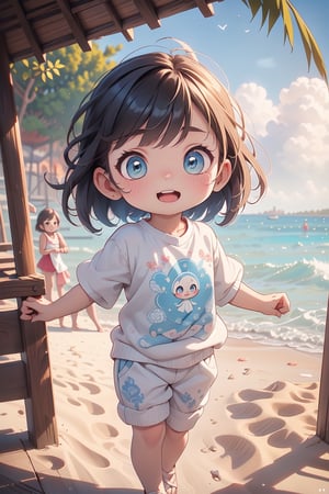 best quality, masterpiece, beautiful and aesthetic, vibrant color, Exquisite details and textures,  Warm tone, ultra realistic illustration,	(cute Malay girl, 6year old:1.5),	(Beach theme:1.4), With my friends,	cute eyes, big eyes,	(a chic look:1.2),	16K, (HDR:1.4), high contrast, bokeh:1.2, lens flare,	siena natural ratio, children's body, anime style, 	head to thigh portrait,	Short Wave brown hair,	wearing a white and blue T-shirt, white and blue PUMA sweatpants,	ultra hd, realistic, vivid colors, highly detailed, UHD drawing, perfect composition, beautiful detailed intricate insanely detailed octane render trending on artstation, 8k artistic photography, photorealistic concept art, soft natural volumetric cinematic perfect light. 