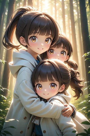 best quality, masterpiece, beautiful and aesthetic, vibrant color, Exquisite details and textures,  Warm tone, ultra realistic illustration,	(cute Latino Boy and European girl, 6year old:1.3), 1 girl and 1 boy, (Forest theme:1.4), cute eyes, big eyes,	(a gentle smile:1.5),	cinematic lighting, ambient lighting, sidelighting, cinematic shot,	siena natural ratio, children's body, anime style, 	head to thigh portrait,	dark brown ponytail hairstyle with blunt bangs, 	a white wool coat,	ultra hd, realistic, vivid colors, highly detailed, UHD drawing, perfect composition, beautiful detailed intricate insanely detailed octane render trending on artstation, 8k artistic photography, photorealistic concept art, soft natural volumetric cinematic perfect light. 
