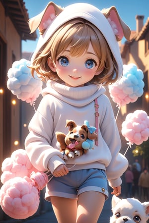 best quality, masterpiece, beautiful and aesthetic, vibrant color, Exquisite details and textures,  Warm tone, ultra realistic illustration,(Pretty European girl, 6year old:1.5),	(playing theme:1.4), playing with a dog,	cute eyes, big eyes,	(a smile on one's face:1.2),	cinematic lighting, ambient lighting, sidelighting, cinematic shot,	siena natural ratio, children's body, anime style, 	head to thigh portrait,	Dark blonde Short bob cut,	wearing a Puppy hood, holding a big cotton candy, shorts, white turtleneck,	ultra hd, realistic, vivid colors, highly detailed, UHD drawing, perfect composition, beautiful detailed intricate insanely detailed octane render trending on artstation, 8k artistic photography, photorealistic concept art, soft natural volumetric cinematic perfect light. 