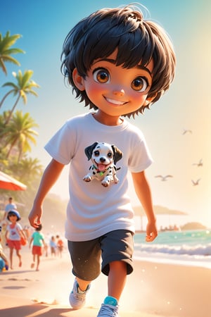 best quality, masterpiece, beautiful and aesthetic, vibrant color, Exquisite details and textures,  Warm tone, ultra realistic illustration,	(cute Latino Boy, 9year old:1.5),	(Beach theme:1.4), with a dalmatian,	cute eyes, big eyes,	(a big smile:1.5),	16K, (HDR:1.4), high contrast, bokeh:1.2, lens flare,	siena natural ratio, children's body, anime style, 	Full length view,	black Short bob cut with blunt bangs,	wearing a white T-shirt, black NIKE sweatpants,	ultra hd, realistic, vivid colors, highly detailed, UHD drawing, perfect composition, beautiful detailed intricate insanely detailed octane render trending on artstation, 8k artistic photography, photorealistic concept art, soft natural volumetric cinematic perfect light. 