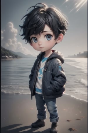 best quality, masterpiece, beautiful and aesthetic, vibrant color, Exquisite details and textures,  Warm tone, ultra realistic illustration,	(cute European Boy, 10year old:1.5),	(Beach theme:1.4),	cute eyes, big eyes,	16K, (HDR:1.4), high contrast, bokeh:1.2, lens flare,	siena natural ratio, children's body, anime style, 	Full length side view, lean against the wall, 	very long curly dark brown hair, 	plastic jacket, jeans, 	ultra hd, realistic, vivid colors, highly detailed, UHD drawing, perfect composition, beautiful detailed intricate insanely detailed octane render trending on artstation, 8k artistic photography, photorealistic concept art, soft natural volumetric cinematic perfect light.