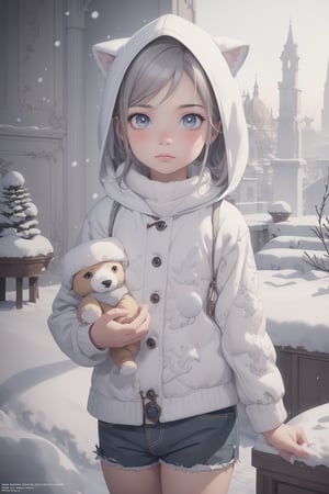 best quality, masterpiece, beautiful and aesthetic, vibrant color, Exquisite details and textures,  Warm tone, ultra realistic illustration,	(cute European Boy, 6year old:1.5),	(snow theme:1.4),	cute eyes, big eyes,	(a curious look:1.6),	cinematic lighting, ambient lighting, sidelighting, cinematic shot,	siena natural ratio, children's body, anime style, 	Full length view,	long Wave gray hair,	a Puppy hood, holding a pet doll, shorts, white turtleneck,	ultra hd, realistic, vivid colors, highly detailed, UHD drawing, perfect composition, beautiful detailed intricate insanely detailed octane render trending on artstation, 8k artistic photography, photorealistic concept art, soft natural volumetric cinematic perfect light. 