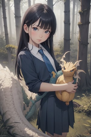 best quality, masterpiece, beautiful and aesthetic, vibrant color, Exquisite details and textures,  Warm tone, ultra realistic illustration,	(cute asian girl, 7year old:1.5),	(Forest theme:1.4),	(holding a cute dragon doll:1.4),	cute eyes, big eyes,	(a chic look:1.2),	cinematic lighting, ambient lighting, sidelighting, cinematic shot,	siena natural ratio, children's body, anime style, 	half body view,	long Straight black hair with blunt bangs,	a crisp white blouse, dark blue tie and a pleated skirt,	ultra hd, realistic, vivid colors, highly detailed, UHD drawing, perfect composition, beautiful detailed intricate insanely detailed octane render trending on artstation, 8k artistic photography, photorealistic concept art, soft natural volumetric cinematic perfect light. 