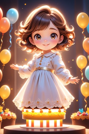 best quality, masterpiece, beautiful and aesthetic, vibrant color, Exquisite details and textures,  Warm tone, ultra realistic illustration,	(cute Latino girl, 9year old:1.5),	(birthday party theme:1.4),	cute eyes, big eyes,	(a beautiful smile:1.1),	cinematic lighting, ambient lighting, sidelighting, cinematic shot,	siena natural ratio, children's body, anime style, 	Full length view,	Short Wave brown hair,	wearing white over velvet coat,	ultra hd, realistic, vivid colors, highly detailed, UHD drawing, perfect composition, beautiful detailed intricate insanely detailed octane render trending on artstation, 8k artistic photography, photorealistic concept art, soft natural volumetric cinematic perfect light. 