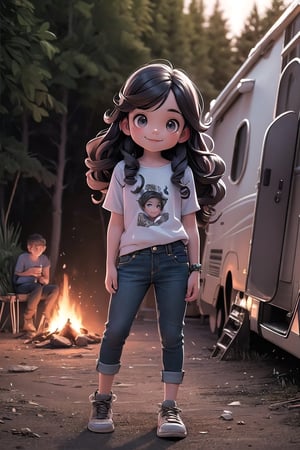 best quality, masterpiece, beautiful and aesthetic, vibrant color, Exquisite details and textures,  Warm tone, ultra realistic illustration,	(cute Latino Boy, 12year old:1.5),	(Camping theme:1.4), camping with my friends,	cute eyes, big eyes,	(a beautiful smile:1.1),	cinematic lighting, ambient lighting, sidelighting, cinematic shot,	siena natural ratio, children's body, anime style, 	head to toe,	very long curly brown hair, 	a cute t-shirt, tight low-rise jeans,	ultra hd, realistic, vivid colors, highly detailed, UHD drawing, perfect composition, beautiful detailed intricate insanely detailed octane render trending on artstation, 8k artistic photography, photorealistic concept art, soft natural volumetric cinematic perfect light.