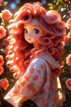 best quality, masterpiece, beautiful and aesthetic, vibrant color, Exquisite details and textures,  Warm tone, ultra realistic illustration,	(cute asian girl, 6year old:1.5),	(rose garden theme:1.4), fluttering petals,	cute eyes, small eyes,	(a curious look:1.4),	16K, (HDR:1.4), high contrast, bokeh:1.2, lens flare,	siena natural ratio, children's body, anime style, 	(random view:1.4), (random poses:1.4), 	very long curly red hair,	hoodie, a black jeans, 	ultra hd, realistic, vivid colors, highly detailed, UHD drawing, perfect composition, beautiful detailed intricate insanely detailed octane render trending on artstation, 8k artistic photography, photorealistic concept art, soft natural volumetric cinematic perfect light. 