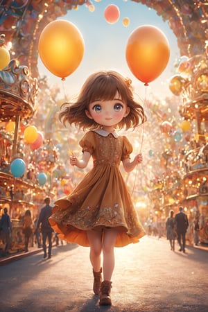 best quality, masterpiece, beautiful and aesthetic, vibrant color, Exquisite details and textures,  Warm tone, ultra realistic illustration,	(cute European  girl, 7year old:1.5),	(amusement park theme:1.3), holding a balloon,	cute eyes, big eyes,	(a curious look:1.4),	cinematic lighting, ambient lighting, sidelighting, cinematic shot,	siena natural ratio, children's body, anime style, 	head to thigh portrait,	Straight brown hair with blunt bangs,	a cute silk dress,	ultra hd, realistic, vivid colors, highly detailed, UHD drawing, perfect composition, beautiful detailed intricate insanely detailed octane render trending on artstation, 8k artistic photography, photorealistic concept art, soft natural volumetric cinematic perfect light. 