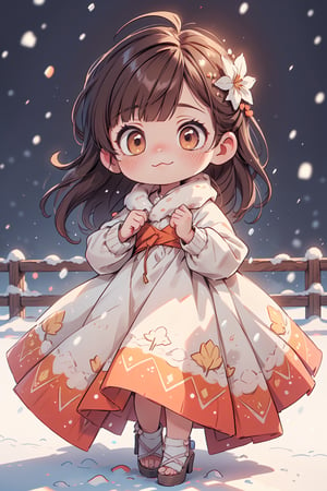 best quality, masterpiece, beautiful and aesthetic, vibrant color, Exquisite details and textures,  Warm tone, ultra realistic illustration,	(cute Latino girl, 8year old:1.5),	(snow theme:1.4),	cute eyes, big eyes,	(a model look:1.6),	16K, (HDR:1.4), high contrast, bokeh:1.2, lens flare,	siena natural ratio, children's body, anime style, 	random angles, random poses, 	very long Straight Light Brown hair with blunt bangs,	gossamer floral mango-colored dress,	ultra hd, realistic, vivid colors, highly detailed, UHD drawing, perfect composition, beautiful detailed intricate insanely detailed octane render trending on artstation, 8k artistic photography, photorealistic concept art, soft natural volumetric cinematic perfect light.