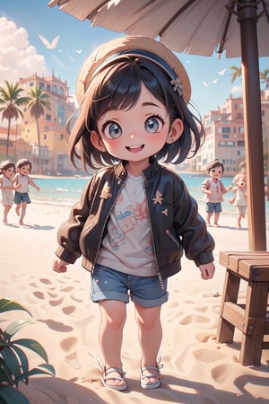 best quality, masterpiece, beautiful and aesthetic, vibrant color, Exquisite details and textures,  Warm tone, ultra realistic illustration,	(cute Latino baby girl, 4year old:1.5),	(Beach theme:1.4),	cute eyes, big eyes,	(a smile on one's face:1.5),	cinematic lighting, ambient lighting, sidelighting, cinematic shot,	siena natural ratio, children's body, anime style, 	head to toe,	Short Wave black hair,	wearing a leather jacket, jeans, and a cowboy hat,	ultra hd, realistic, vivid colors, highly detailed, UHD drawing, perfect composition, beautiful detailed intricate insanely detailed octane render trending on artstation, 8k artistic photography, photorealistic concept art, soft natural volumetric cinematic perfect light.