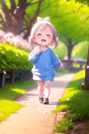 Cheerful little girl with blonde ponytail hairstyle and bright knit dress is running among falling petals in cherry blossom tree forest.
, (a tearful look:1.2),