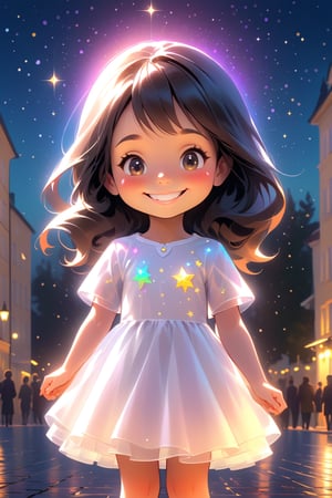 best quality, masterpiece, beautiful and aesthetic, vibrant color, Exquisite details and textures,  Warm tone, ultra realistic illustration,	(cute Poland girl, 5year old:1.5),	(Starlight theme:1.4),	cute eyes, big eyes,	(a beautiful smile:1.8),	16K, (HDR:1.4), high contrast, bokeh:1.2, lens flare,	siena natural ratio, children's body, anime style, 	half body view,	very long Straight black hair with blunt bangs,	white wedding dress,	ultra hd, realistic, vivid colors, highly detailed, UHD drawing, perfect composition, beautiful detailed intricate insanely detailed octane render trending on artstation, 8k artistic photography, photorealistic concept art, soft natural volumetric cinematic perfect light. 