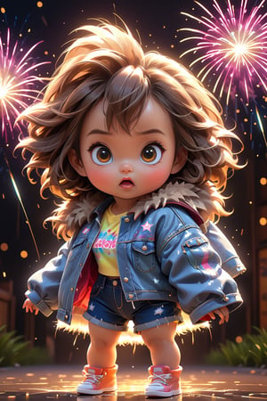 best quality, masterpiece, beautiful and aesthetic, vibrant color, Exquisite details and textures,  Warm tone, ultra realistic illustration,	(cute asian baby girl, 4year old:1.5),	(fireworks theme:1.4),	cute eyes, big eyes,	(an angry look:1.1),	cinematic lighting, ambient lighting, sidelighting, cinematic shot,	siena natural ratio, children's body, anime style, 	(random view:1.4), (random poses:1.4), 	long Wave brown hair,	fur trimmed jacket, crop top, denim shorts, 	ultra hd, realistic, vivid colors, highly detailed, UHD drawing, perfect composition, beautiful detailed intricate insanely detailed octane render trending on artstation, 8k artistic photography, photorealistic concept art, soft natural volumetric cinematic perfect light. 