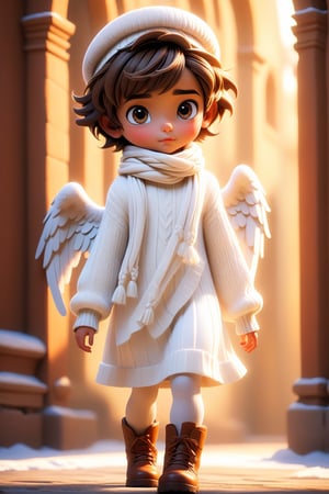 best quality, masterpiece, beautiful and aesthetic, vibrant color, Exquisite details and textures,  Warm tone, ultra realistic illustration,	(handsome Latino Boy, 6year old:1.5),	(angel theme:1.4),	cute eyes, big eyes,	(a model look:1.1),	cinematic lighting, ambient lighting, sidelighting, cinematic shot,	siena natural ratio, children's body, anime style, 	(random view:1.4), (random poses:1.4), 	Short Blunt Cut Bob haircut,	a white knitted dress a scarf and a beret, winter boots, 	ultra hd, realistic, vivid colors, highly detailed, UHD drawing, perfect composition, beautiful detailed intricate insanely detailed octane render trending on artstation, 8k artistic photography, photorealistic concept art, soft natural volumetric cinematic perfect light. 
