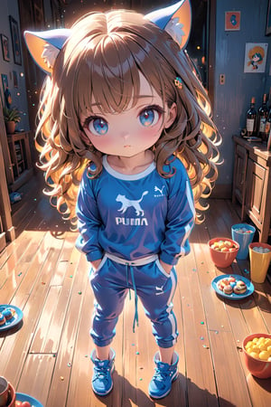 best quality, masterpiece, beautiful and aesthetic, vibrant color, Exquisite details and textures,  Warm tone, ultra realistic illustration,	(cute European girl, 5year old:1.5),	(Party theme:1.4), With my friends,	cute eyes, big eyes,	(a sullen look:1.4),	cinematic lighting, ambient lighting, sidelighting, cinematic shot,	siena natural ratio, children's body, anime style, 	head to toe,	very long curly brown hair, 	wearing a white and blue T-shirt, white and blue PUMA sweatpants,	ultra hd, realistic, vivid colors, highly detailed, UHD drawing, perfect composition, beautiful detailed intricate insanely detailed octane render trending on artstation, 8k artistic photography, photorealistic concept art, soft natural volumetric cinematic perfect light. 