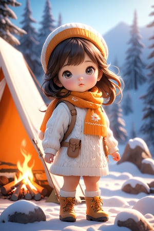 best quality, masterpiece, beautiful and aesthetic, vibrant color, Exquisite details and textures,  Warm tone, ultra realistic illustration,	(cute asian baby girl, 4year old:1.5),	(Camping theme:1.4), camping with my dog,	cute eyes, big eyes,	(a model look:1.6),	16K, (HDR:1.4), high contrast, bokeh:1.2, lens flare,	siena natural ratio, children's body, anime style, 	(random view:1.4), (random poses:1.4), 	very long Straight dark brown hair with blunt bangs,	a white knitted dress a scarf and a beret, winter boots, 	ultra hd, realistic, vivid colors, highly detailed, UHD drawing, perfect composition, beautiful detailed intricate insanely detailed octane render trending on artstation, 8k artistic photography, photorealistic concept art, soft natural volumetric cinematic perfect light. 