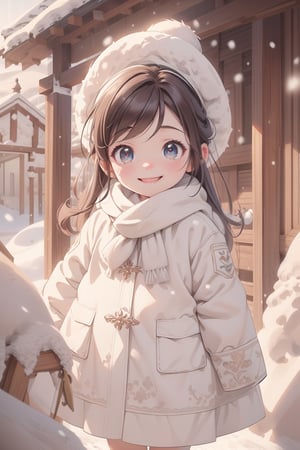 best quality, masterpiece, beautiful and aesthetic, vibrant color, Exquisite details and textures,  Warm tone, ultra realistic illustration,	(cute European girl, 7year old:1.5),	(snow theme:1.4),	cute eyes, big eyes,	(a smile on one's face:1.5),	16K, (HDR:1.4), high contrast, bokeh:1.2, lens flare,	siena natural ratio, children's body, anime style, 	Full length view,	dark brown bun hair,	wearing a white winter jacket and scarf, white fur hat, 	ultra hd, realistic, vivid colors, highly detailed, UHD drawing, perfect composition, beautiful detailed intricate insanely detailed octane render trending on artstation, 8k artistic photography, photorealistic concept art, soft natural volumetric cinematic perfect light. 