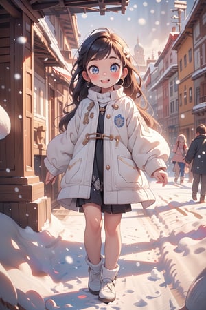 best quality, masterpiece, beautiful and aesthetic, vibrant color, Exquisite details and textures,  Warm tone, ultra realistic illustration,	(cute European girl, 12year old:1.5),	(snow theme:1.4),	cute eyes, big eyes,	(a beautiful smile:1.1),	16K, (HDR:1.4), high contrast, bokeh:1.2, lens flare,	siena natural ratio, children's body, anime style, 	head to toe,	very long curly brown hair, 	wearing white over velvet coat,	ultra hd, realistic, vivid colors, highly detailed, UHD drawing, perfect composition, beautiful detailed intricate insanely detailed octane render trending on artstation, 8k artistic photography, photorealistic concept art, soft natural volumetric cinematic perfect light.